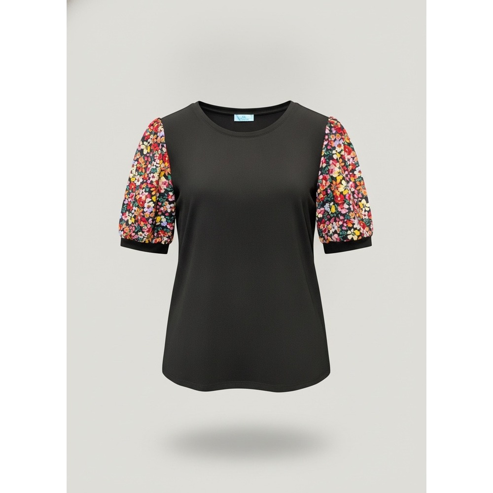 CeCe Womens Black Floral Puff Short Sleeve Crew Neck Blouse Top Size Medium
